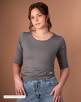 Gray yoga 3/4 sleeve top from Theia Moon, soft and fitted activewear