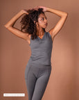 Gray yoga tank top from Theia Moon, soft and fitted activewear