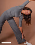 Gray wide-leg pants from Theia Moon, soft and fitted activewear